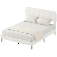 HOMCOM Cadre de lit 160x200cm avec sommier, tête de lit réglable, lit double rembourré en velours teddy, lattes en bois, blanc(m-1)