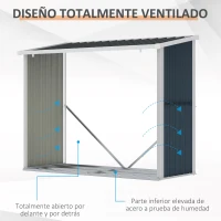 Outsunny Casetilla para Leña Acero Galvanizado Cobertizo Leñero de Almacenamiento de Troncos con Techo Inclinado para Jardín Terraza Exterior 185x84x148,5 cm Gris(m-7)