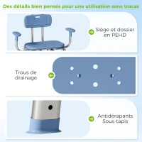 HOMCOM Tabouret de douche chaise de douche ergonomique avec accoudoirs, dossier, hauteur et siège réglables, bleu(m-7)