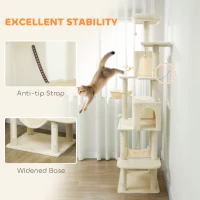 PawHut 202cm Cat Tree with 6 Scratching Posts, 2 Hammocks, 2 Condos, 2 Perches, Pompoms, for Cats to Rest and Play, Beige(m-7)