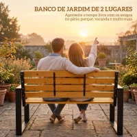 Outsunny Banco de Jardim Exterior de 2 Lugares com Encosto e Assento Ripado em Madeira e Estrutura de Aço 136x54x82 cm Madeira(m-4)