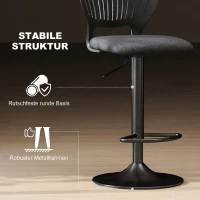 HOMCOM Set 2 Scaune de Bar Reglabile, Scaune de Bucătărie Înalte din Material Textil cu Efect de In cu Spătar, Suport pentru Picioare și Șezut Moale, Cadru Metalic, Scaune Rotative la 360°, Negru(m-7)