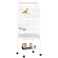 PawHut Gaiola para Pássaros com Rodas e Estante 51x51x153 cm com Parte Superior Rebatível Comedouros e Bandeja Removível Branco(m-10)