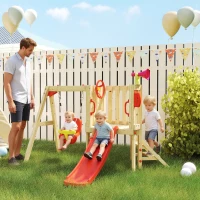 Outsunny Parque Infantil Exterior de Madeira com Baloiço Escorrega Volante Buzina Telefone para Jardim Relvado Vermelho e Madeira(m-11)