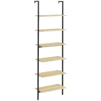 HOMCOM Scaffale Libreria Industriale da parete con 6 ripiani in Acciaio, 60x30x206 cm, Legno Naturale(m-8)