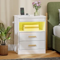 HOMCOM Noptieră modernă, masă laterală cu stație de încărcare și iluminare LED RGB, alb lucios(m-2)