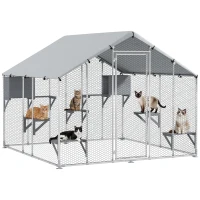 PawHut Gaiola Grande para Gatos Exterior com 2 Casinhas 7 Plataformas para Saltar Cobertura Impermeável e Anti-UV 240x193x195 cm Prata(m-10)