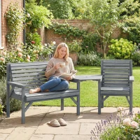 Outsunny Wooden Garden Furniture Set with Parasol Hole, 1 Chair, 1 Bench and Detachable Table, Grey Embossed Finish(m-2)