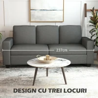 HOMCOM Canapea 3 locuri din material textil cu perne capitonate și tapițerie cu efect de in, 237x94x102cm, gri(m-4)