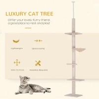 PawHut Floor to Ceiling Cat Tree 230-260cm Height Adjustable, 5-Tier Cat Tower with Scratching Posts, Hammock, Perches, Climbing Activity Centre for Indoor Kittens Playing and Relaxing, Beige(m-4)