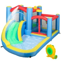 AIYAPLAY Castello Gonfiabile 5 in 1 con Scivolo Piscine e Canestro, Soffiatore e Borsa da Trasporto, 385x290x180 cm, Multicolore(m-1)