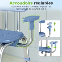HOMCOM Tabouret de douche chaise de douche ergonomique avec accoudoirs, dossier, hauteur et siège réglables, bleu(m-4)