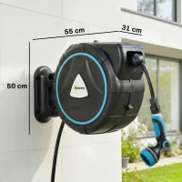 Outsunny Enrouleur Tuyau Arrosage Mural Automatique 23+2m Dévidoir Automatique Pistolet d'Arrosage 10+2 Modes 55x31x50cm Bleu(m-3)