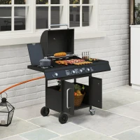 Outsunny Barbecue a Gas con Tavolo Laterale e Bruciatore Laterale, Griglia Scaldavivande e Termometro, in acciaio inossidabile, 118,5x56x 110 cm, Nero(m-5)
