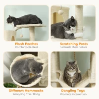 PawHut 202cm Cat Tree with 6 Scratching Posts, 2 Hammocks, 2 Condos, 2 Perches, Pompoms, for Cats to Rest and Play, Beige(m-6)