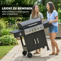 Outsunny Barbecue a Gas 17,8 KW, 6+1 Bruciatori, Carrello BBQ in Acciaio Inox con Ruote, Bruciatore Laterale, Termometro, Griglia Smaltata(m-4)
