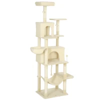 PawHut 202cm Cat Tree with 6 Scratching Posts, 2 Hammocks, 2 Condos, 2 Perches, Pompoms, for Cats to Rest and Play, Beige(m-11)