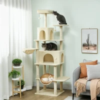 PawHut 202cm Cat Tree with 6 Scratching Posts, 2 Hammocks, 2 Condos, 2 Perches, Pompoms, for Cats to Rest and Play, Beige(m-2)