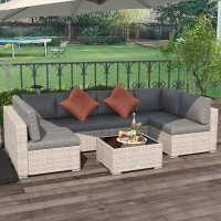 Outsunny 6 Seater Patio PE Rattan Wicker Sofa Set, Outdoor All Weather Conservatory Furniture, w/ Tempered Glass Coffee Table & Cushions, Deep Grey(m-11)