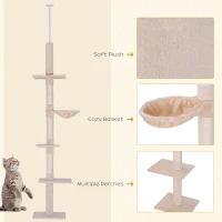 PawHut Floor to Ceiling Cat Tree 230-260cm Height Adjustable, 5-Tier Cat Tower with Scratching Posts, Hammock, Perches, Climbing Activity Centre for Indoor Kittens Playing and Relaxing, Beige(m-6)