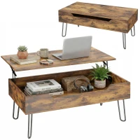 HOMCOM Table Basse Rectangulaire en Bois avec Grand Rangement Caché, Hauteur Réglable, 95 x 50 x 40 cm, Marron Rustique(m-1)