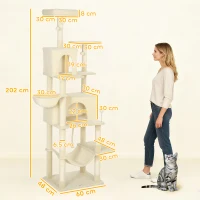 PawHut 202cm Cat Tree with 6 Scratching Posts, 2 Hammocks, 2 Condos, 2 Perches, Pompoms, for Cats to Rest and Play, Beige(m-3)
