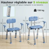 HOMCOM Tabouret de douche chaise de douche ergonomique avec accoudoirs, dossier, hauteur et siège réglables, bleu(m-3)