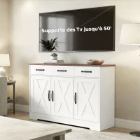 HOMCOM Buffet cuisine, meuble de rangement avec 3 portes de grange, 2 tiroirs et étagères réglables, 108 x 40 x 81 cm, blanc(m-8)