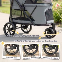 PawHut Carrinho para Cães Dobrável com 3 Rodas Janelas de Rede Almofada Lavável Todo-o-Terreno Carga 20 kg 92x63x95 cm Cinzento(m-5)