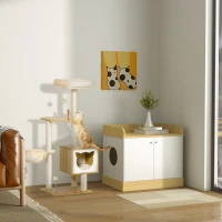PawHut Kratzbaum Katzenbaum mit Katzenhöhle Plattform Höhe 126 cm Kletterbaum aus Holz Katzenkratzbaum Spanplatte Sisal Kurzplüsch Beige 48 x 40 x 126 cm(m-7)