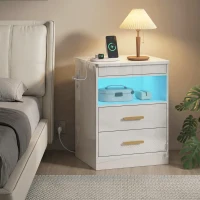 HOMCOM Noptieră modernă, masă laterală cu stație de încărcare și iluminare LED RGB, alb lucios(m-5)