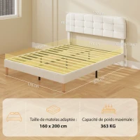 HOMCOM Estrutura de cama 160x200cm com estrado, cabeceira ajustável, cama de casal estofada em veludo teddy, ripas de madeira, branco(m-3)