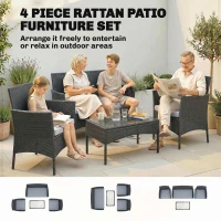 Outsunny 4 Piece Rattan Garden Furniture Sofa Set with Loveseat, Armchairs, Glass-Top Coffee Table and Cushions, Black(m-4)