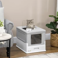 PawHut Hooded Cat Litter Box, Portable Pet Toilet, with Scoop, Front Entry - Grey(m-3)