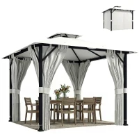 Outsunny Tonnelle de jardin extérieur 3x3m pavillon de jardin, toit double, rideaux, crochets de plafond, cadre en métal, crème(m-11)
