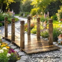 Outsunny Ponte de Jardim de Madeira 1,51 m Ponte Decorativa para Lagos Rústica com Corrimões de Segurança Carbonizada(m-9)