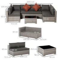 Outsunny 6 Seater Patio PE Rattan Wicker Sofa Set, Outdoor All Weather Conservatory Furniture, w/ Tempered Glass Coffee Table & Cushions, Deep Grey(m-3)