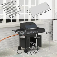 Outsunny Barbecue a Gas con Tavolo Laterale e Bruciatore Laterale, Griglia Scaldavivande e Termometro, in acciaio inossidabile, 118,5x56x 110 cm, Nero(m-3)