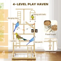 PawHut 95 cm Wooden Bird Playground with Ladders, Chain Toy, Stainless Steel Cups and Tray, Bird Cage Accessories, Natural(m-5)