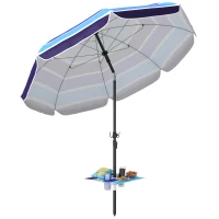 Outsunny Chapéu de Sol de Praia com Mesa Dobrável e Porta-Copos Ø198 cm Altura Ajustável Inclinação Bolsa de Transporte e Gancho UV30+ Multicolor(m-10)