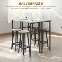 HOMCOM Set da Bar 6 Pezzi con 4 Sgabelli da Bar e 2 Tavoli Alti in Legno Truciolato e Acciaio per Cucina e Soggiorno, Grigio(m-7)
