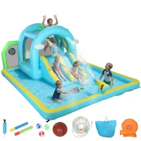 AIYAPLAY Castelo Insuflável Aquático 7 em 1 com Insuflador 450W 2 Escorregas Trampolim Piscina Cesto Coluna de Boxe 426x360x198 cm Multicor(m-11)
