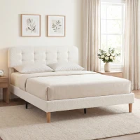HOMCOM Cadre de lit 160x200cm avec sommier, tête de lit réglable, lit double rembourré en velours teddy, lattes en bois, blanc(m-9)