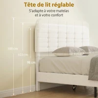 HOMCOM Cadre de lit 160x200cm avec sommier, tête de lit réglable, lit double rembourré en velours teddy, lattes en bois, blanc(m-4)