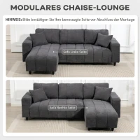 HOMCOM Sofá Chaise Longue Reversível 3 Lugares com 2 Almofadas Estofado em Linho e Estrutura em Aço 242x156x87 cm Cinzento Escuro(m-4)