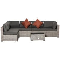 Outsunny 6 Seater Patio PE Rattan Wicker Sofa Set, Outdoor All Weather Conservatory Furniture, w/ Tempered Glass Coffee Table & Cushions, Deep Grey(m-1)