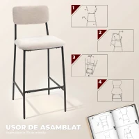 HOMCOM, Set 2 Scaune de Bar cu Spătar Înalt, Suport pentru Picioare, Chenille, oțel, 45.5 x 48 x 101cm, Crem(m-8)