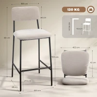 HOMCOM, Set 2 Scaune de Bar cu Spătar Înalt, Suport pentru Picioare, Chenille, oțel, 45.5 x 48 x 101cm, Crem(m-3)