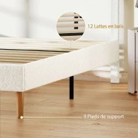 HOMCOM Cadre de lit 160x200cm avec sommier, tête de lit réglable, lit double rembourré en velours teddy, lattes en bois, blanc(m-7)