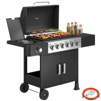 Outsunny Barbecue a Gas 17,8 KW, 6+1 Bruciatori, Carrello BBQ in Acciaio Inox con Ruote, Bruciatore Laterale, Termometro, Griglia Smaltata(m-7)